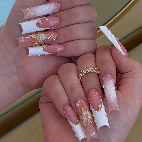 Long Square Press on Nails, Gold Embossed Flowers Acrylic Press on Nails with Cute Pearl Charms Designs，Long Press on Nail for Women 24pcs