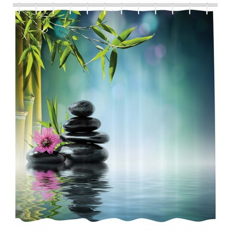 Spa Shower Curtain Tower Stone And Hibiscus With Bamboo On The