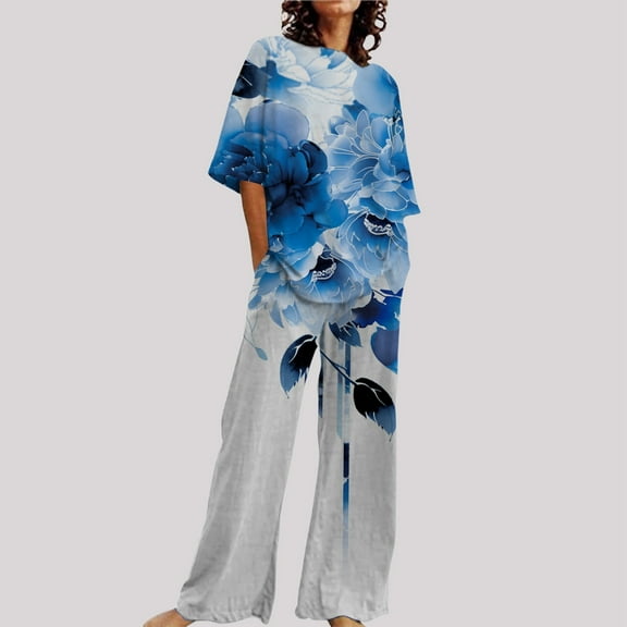 Women's Comfortable Summer O Neck Loose Short Sleeve Floral Print Top Shirt With Pants Large Size 2 Piece Set Pant Suits for Women Dressy Wedding Chiffon Overlay Jumpsuit Pantsuit for Women Dressy
