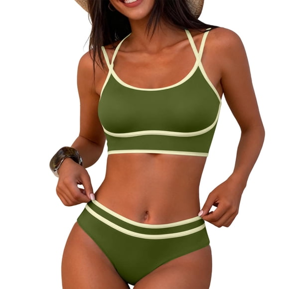Moxiu Ensemble Tankini Taille Haute Sportif pour Femmes, Coupe Haute, Contraste de Couleurs, Deux Pièces, Tenue de Plage, Vert Armée, P