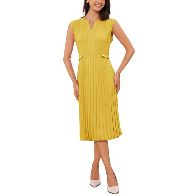 Vestido sin mangas Allegra K para mujer, vestido midi plisado con cuello en V y botones, color jengibre