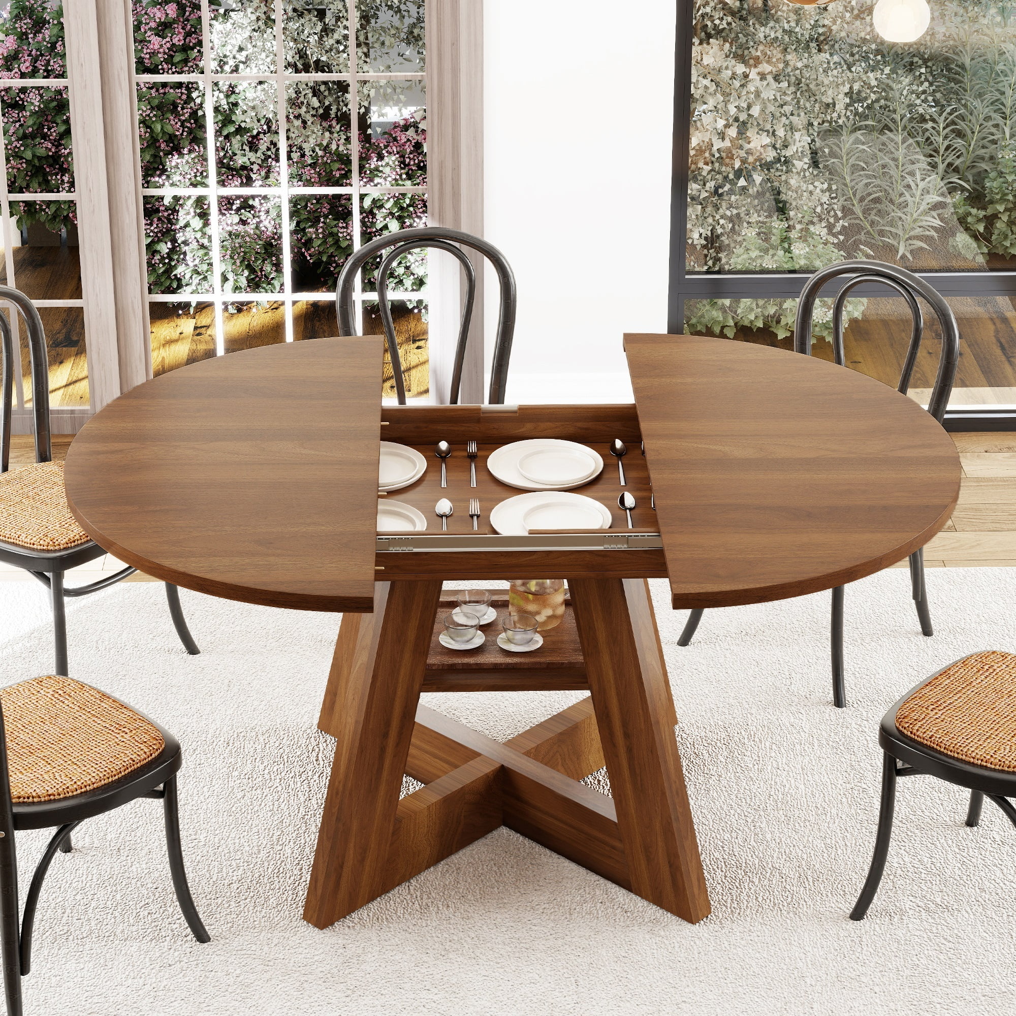Extendable Dining Table for 4-6, Round Kitchen Table with Removable Leaves, Space Saving, Oval Dining Room Table with Storage Shelf for Kitchen Living Room (Walnut)