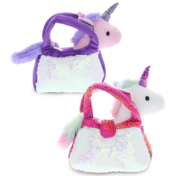 DolliBu Unicorn Sequin Bags Collection Set of 2 - Pink and Purple Unicorn Stuffed Animal Purse Bag for Girls, Removable Unicorn in Sequin, Furry Handbags for Dress Up, Pretend Play, and Travel