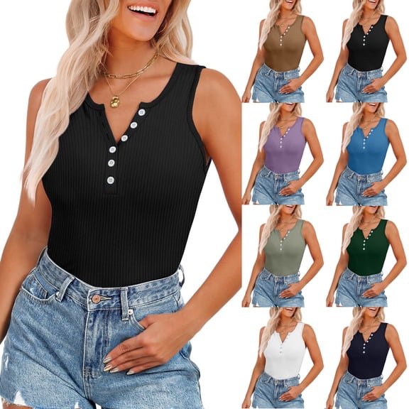 Htigea Womens 2025 Tank Tops 2 Pack U Neck Summer Sleeveless Tops Loose Fit Button Casual Henley Shirts Today Deals Army Green,2XL