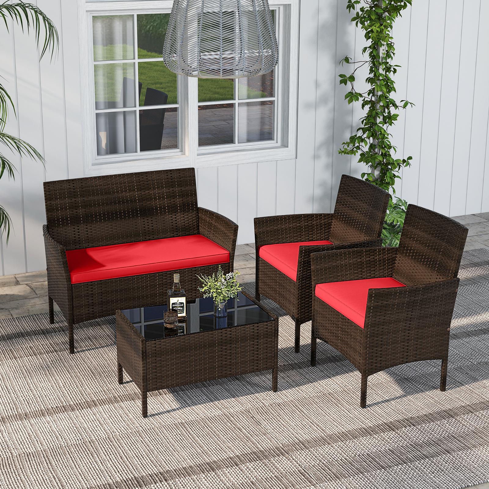 Costway 4PCS Patio Rattan Furniture Set Cushioned Sofa Coffee Table Backyard Porch Red