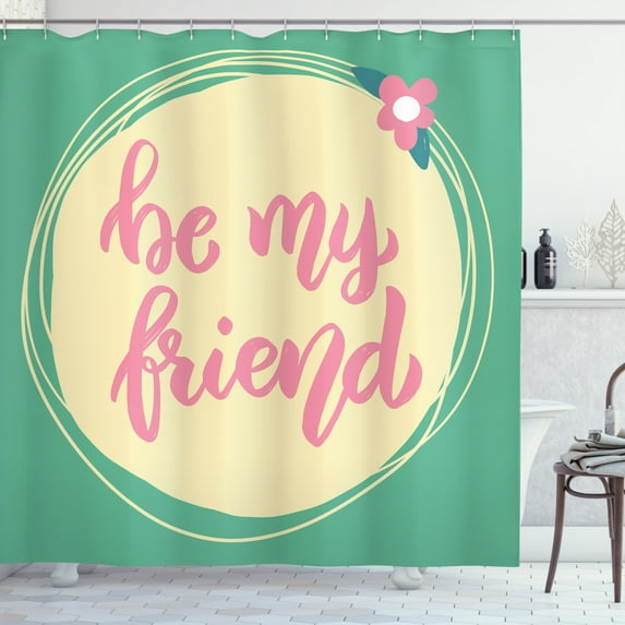 Best Friend Shower Curtain, Be My Friend Floral Circular Pastel Tones Pattern, Fabric Bathroom Set with Hooks, 69"WX70"L, Pale Yellow Pastel Pink and Sea Green, by Ambesonne