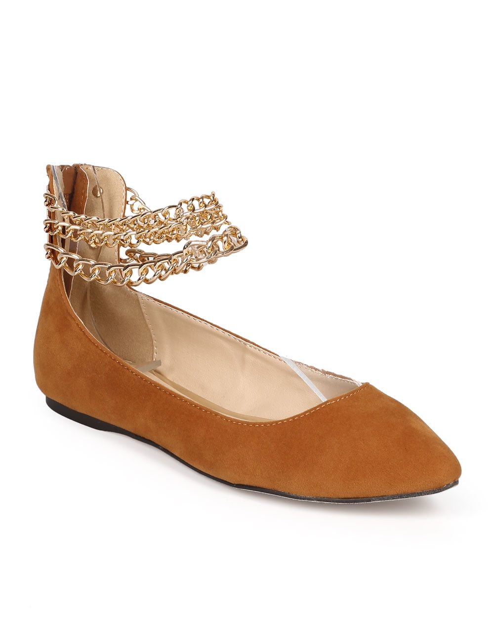 Liliana DK19 Women Suede Pointy Toe Ankle Chain Zip Ballet Flat