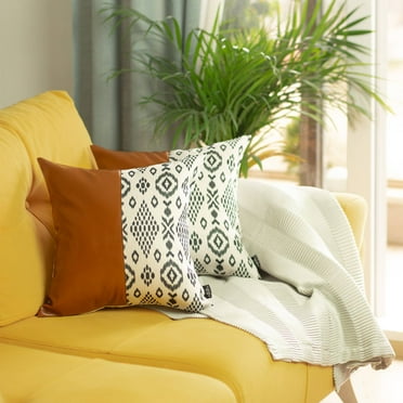 Boho Set of 2 Handcrafted Decorative Throw Pillow Cover Vegan Faux Leather Geometric 17" x 17" Brown & Ivory Square for Couch, Bedding