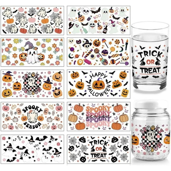10 Sheets UV DTF Cup Wrap Transfer Stickers for Glass 10 Styles Cute Pumpkin Rub on Transfers Decal for 16OZ Glass Cups Furniture Craft Wood DIY Crafts 1set