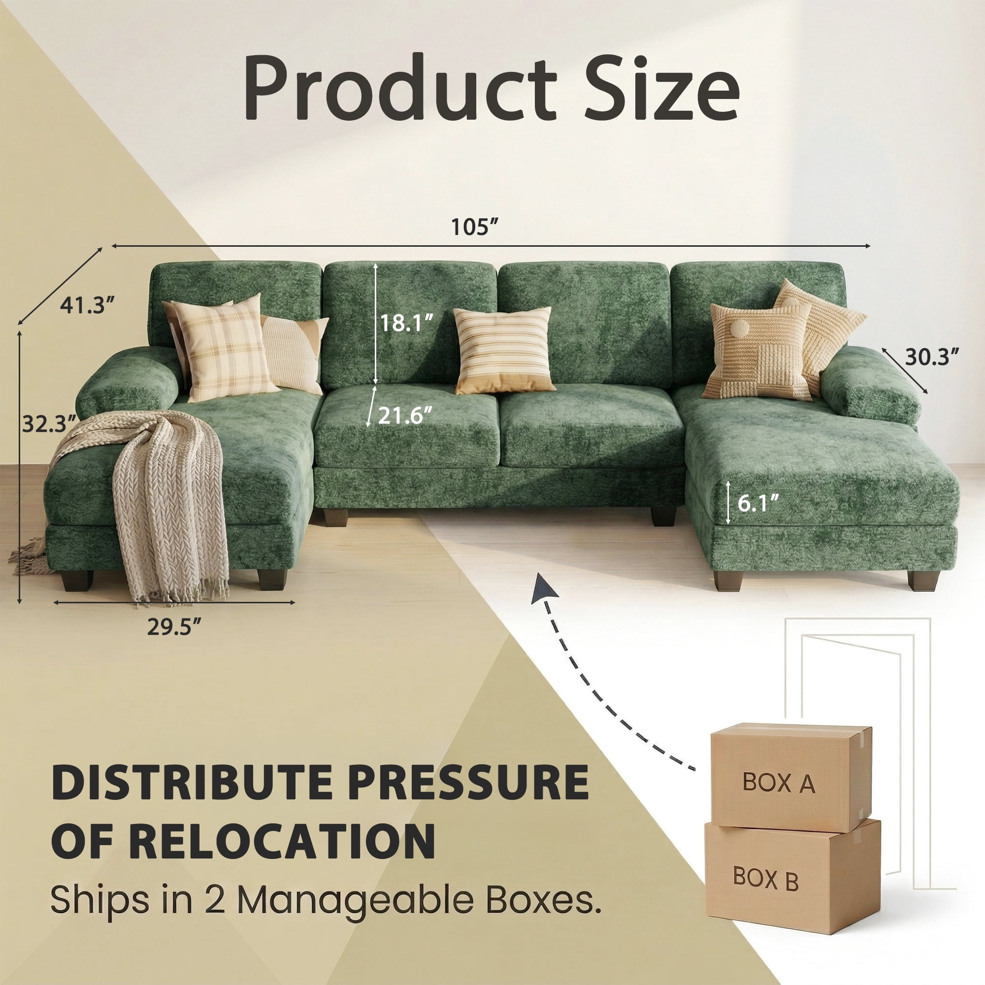 Vineego U-Shaped Sectional Sofa with Double Chaise 4-Seat Modular Sofa Couch for Living Room,Chenille Green