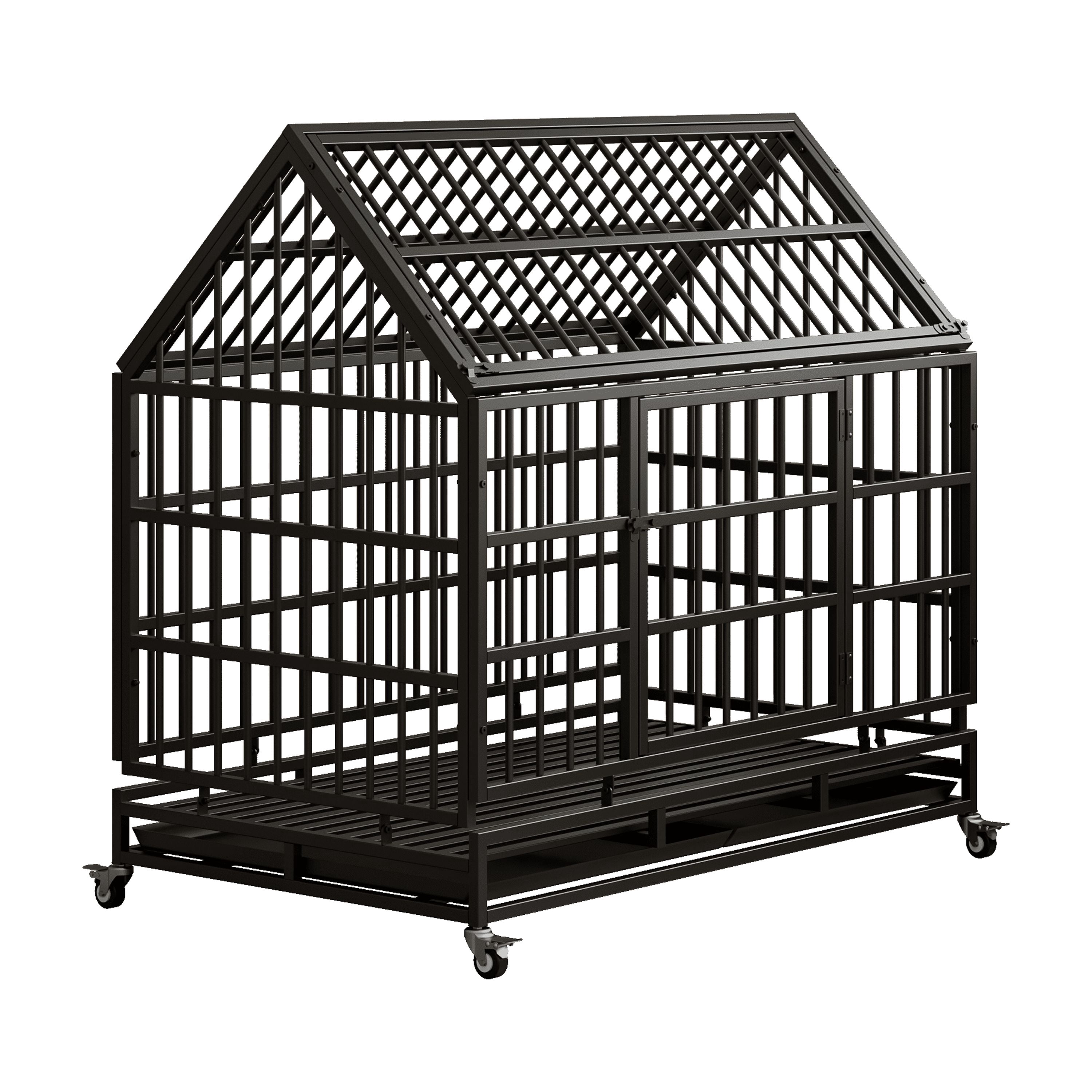 48 Inch Heavy Duty Dog Crate with Wheels, Folding Metal Big Dog Cage for Large and Medium Dogs, Cage with a pointed roof and Removable Tray