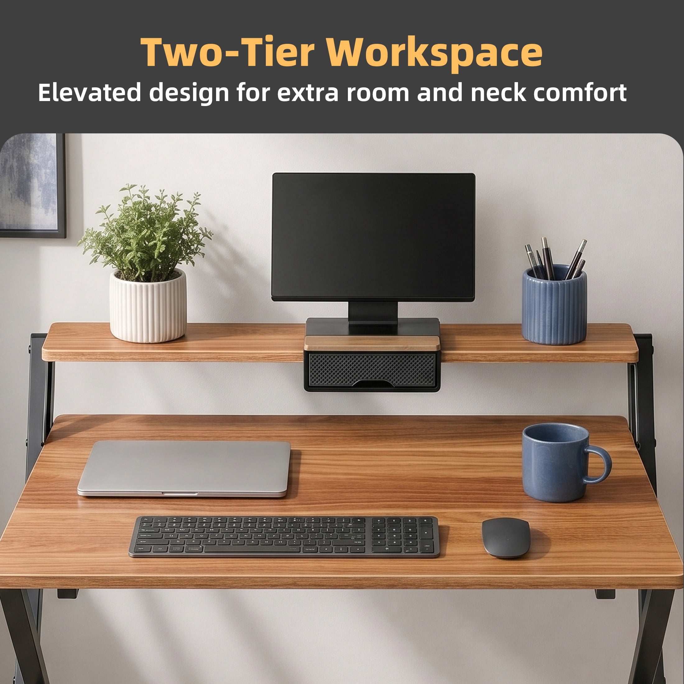 EDX Small Folding Desk with Shelf, No Assembly 2-Tier Compact Computer Table, Portable Study Workspace for Bedroom, Home Office, Brown