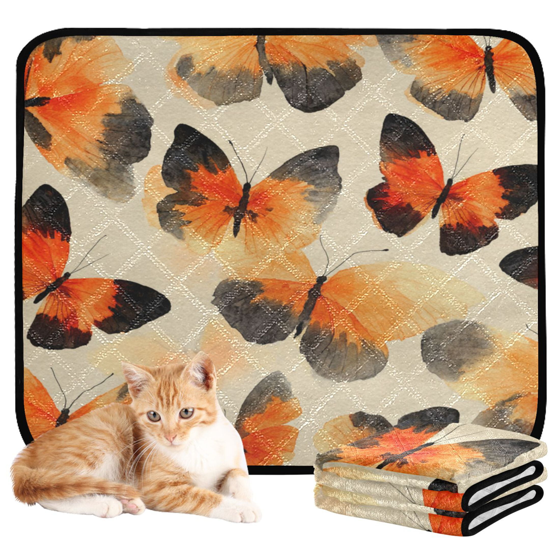 Qxltty Orange Black Butterfly Cat litter Pads Pet Set of 2 Diaper Mats Center Anti-leakage Layer Absorbent Soft and Comfortable