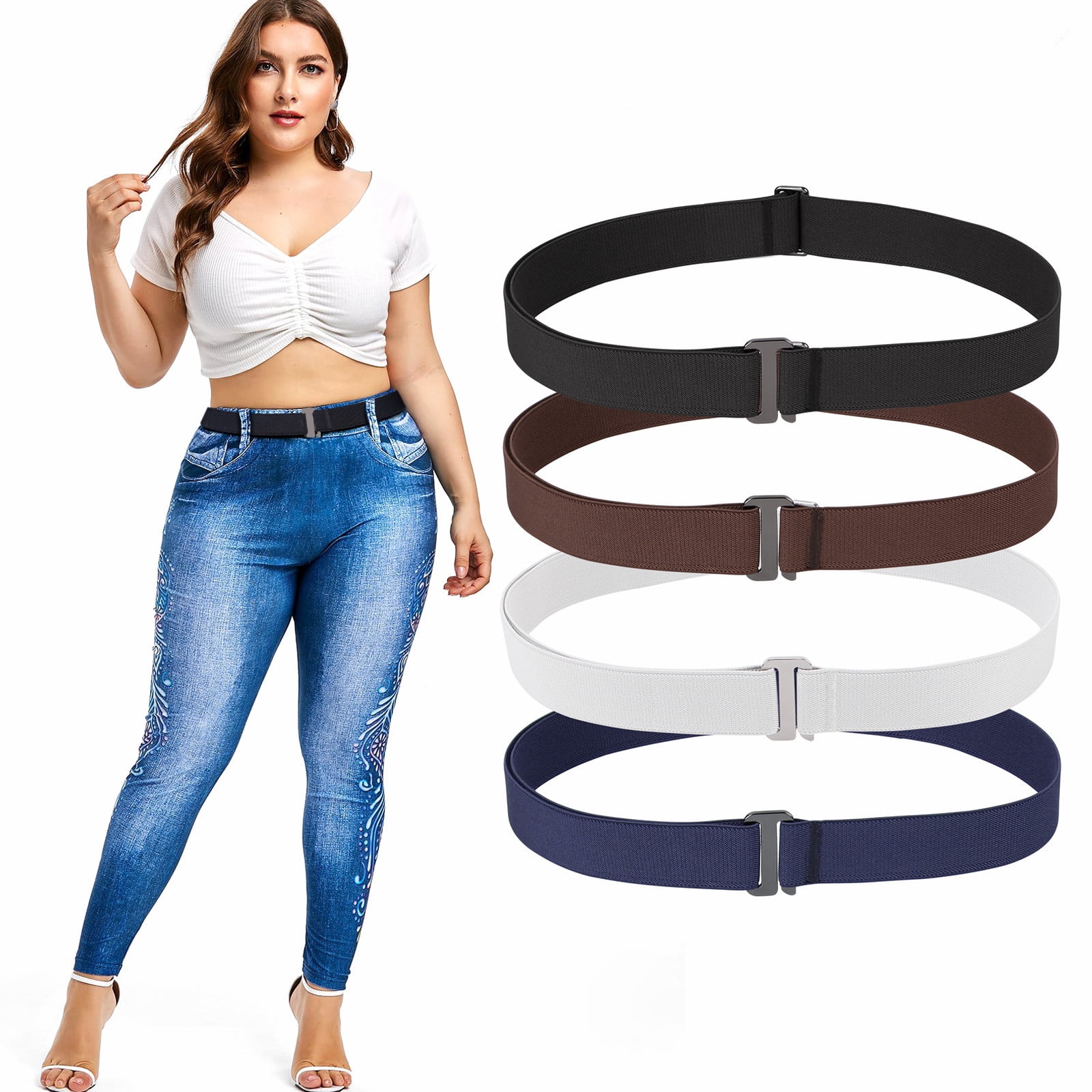 4Packs Women Buckleless Stretch Invisible  Belt Flat Buckle Belts for Jeans Pants