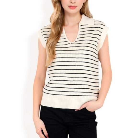 Women's Striped Knit Sleeveless Sweater Vest with Collared V-Neck- Light Beige,Small