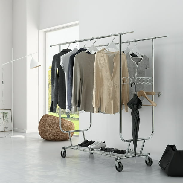 Standard Rod Garment Rack,Heavy Duty Rolling Commercial Double Rail