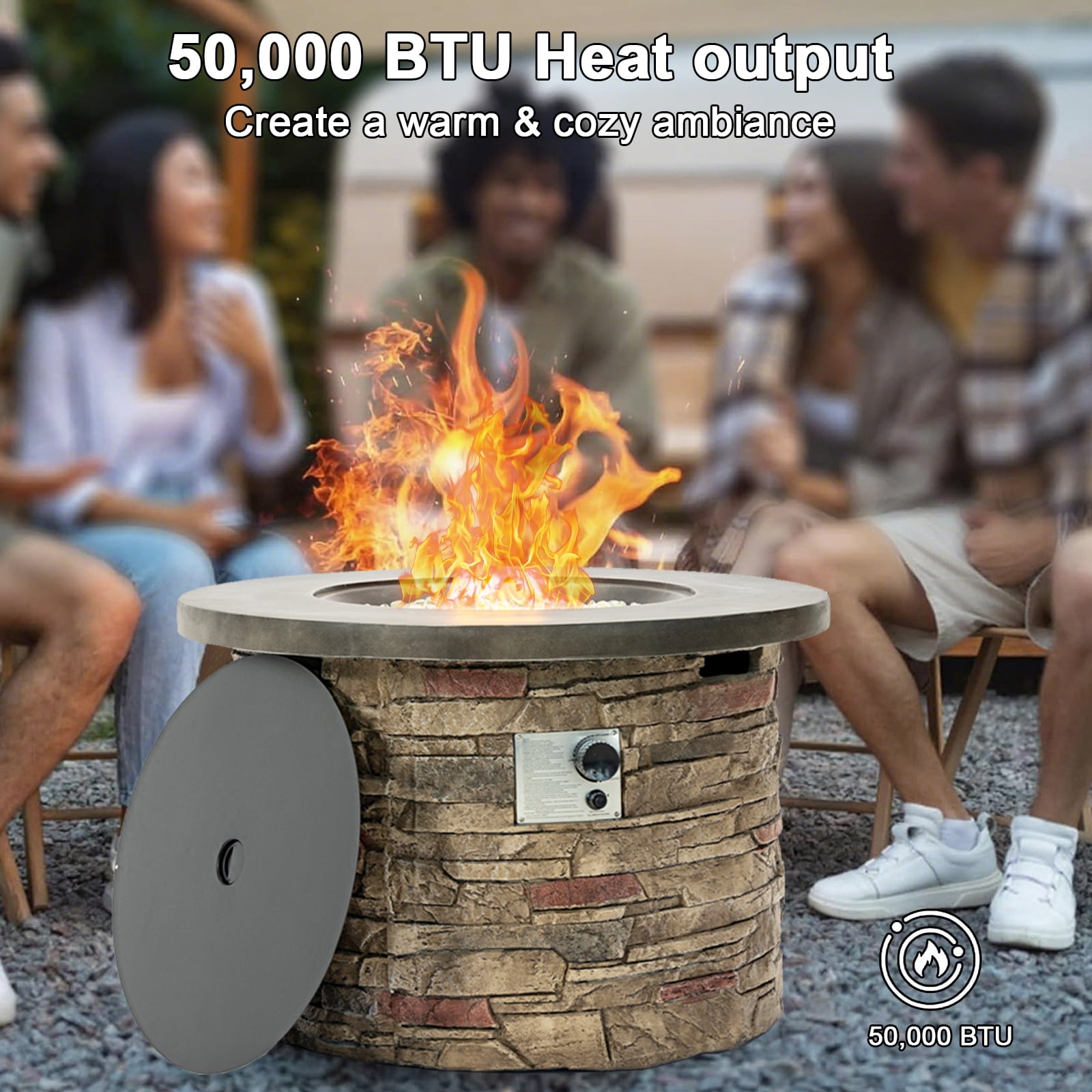 36'' Propane Gas Fire Pit Table, 50000 BTU Round Concrete Fire Pit for Outside Patio Deck Garden Backyard