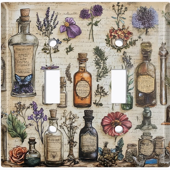 Metal Light Switch Wall Plate Outlet Cover (Printed Image of Floral Medicine Pattern - Double Toggle)