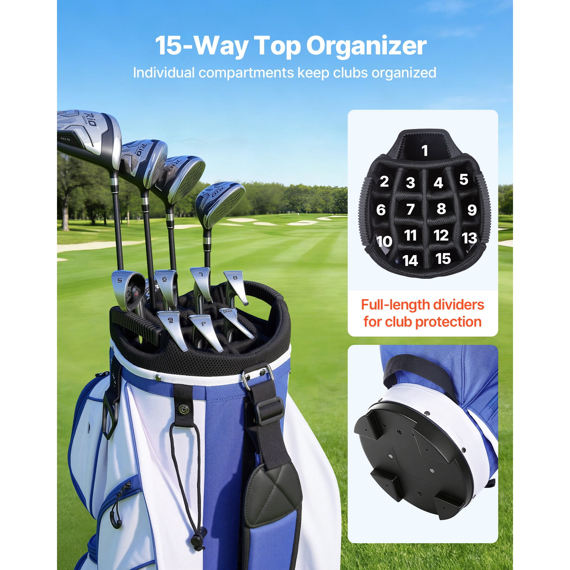 KFFKFF Golf Cart Bag with 15-Way Divider, Full-Length Club Organizer, Multiple Storage Pockets, Comfortable Shoulder Strap, Protective Rain Cover, Durable Zippers, Lightweight Polyester