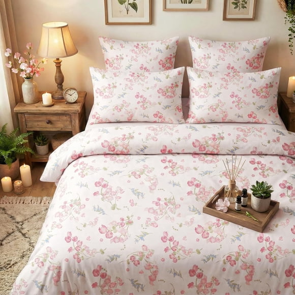 JOLUSERE 3-Piece Pink Flowering Crabapple Duvet Cover Queen Set, Soft Plants Aesthetic Comforter Cover Set for Adults
