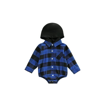

Vigorbear Infant Baby Boy Plaid Hooded Romper Shirt Long Sleeve Lapel Button Down Hoodie Bodysuit Christmas Outfit