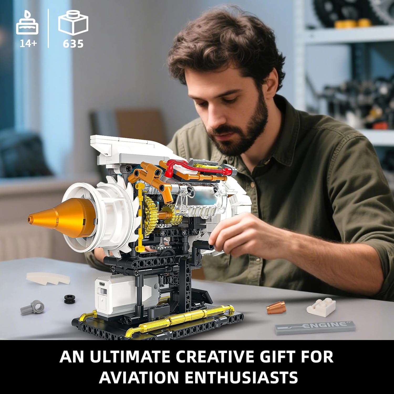 Aircraft Engine Building Kit for Adults, STEM Mini Engine Model Toy with Motor & Hand Rocker, Compatible with Airplane Set,