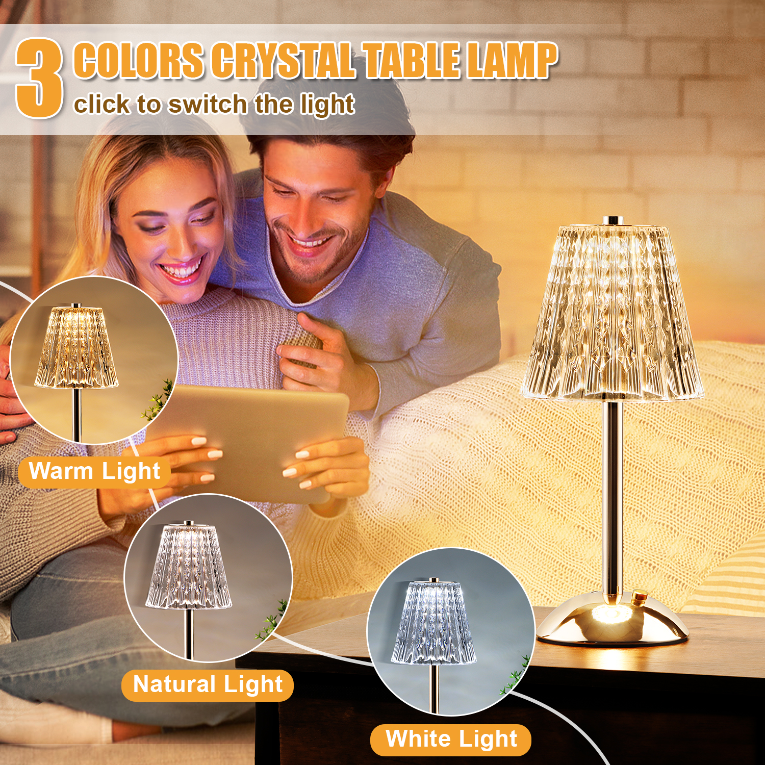 Walchoice Cordless Crystal Table Lamp, Rechargeable, Gold photo 3