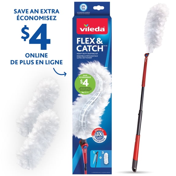 Vileda Flex & Catch Heavy Duty Duster for Cleaning, 3 ft. Handle Plus 3 Refills