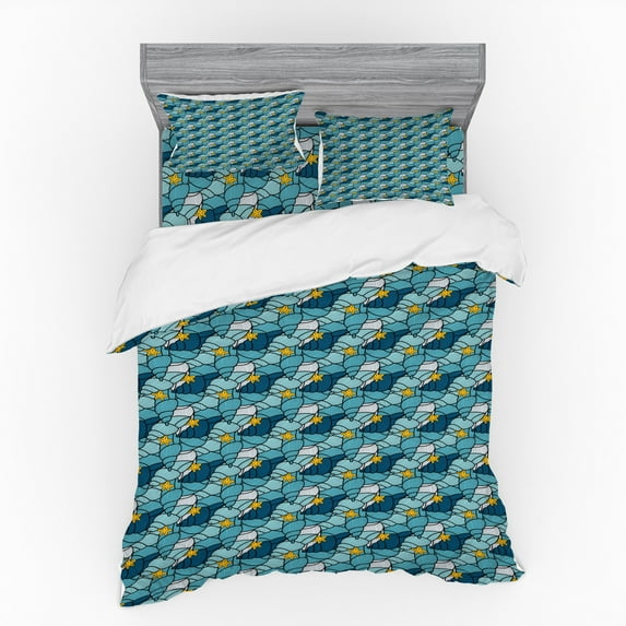 Nautical Duvet Cover Set, Pattern of Seashells and Starfish, Bedding Set with Shams and Fitted Sheet, 3 Sizes, by Ambesonne