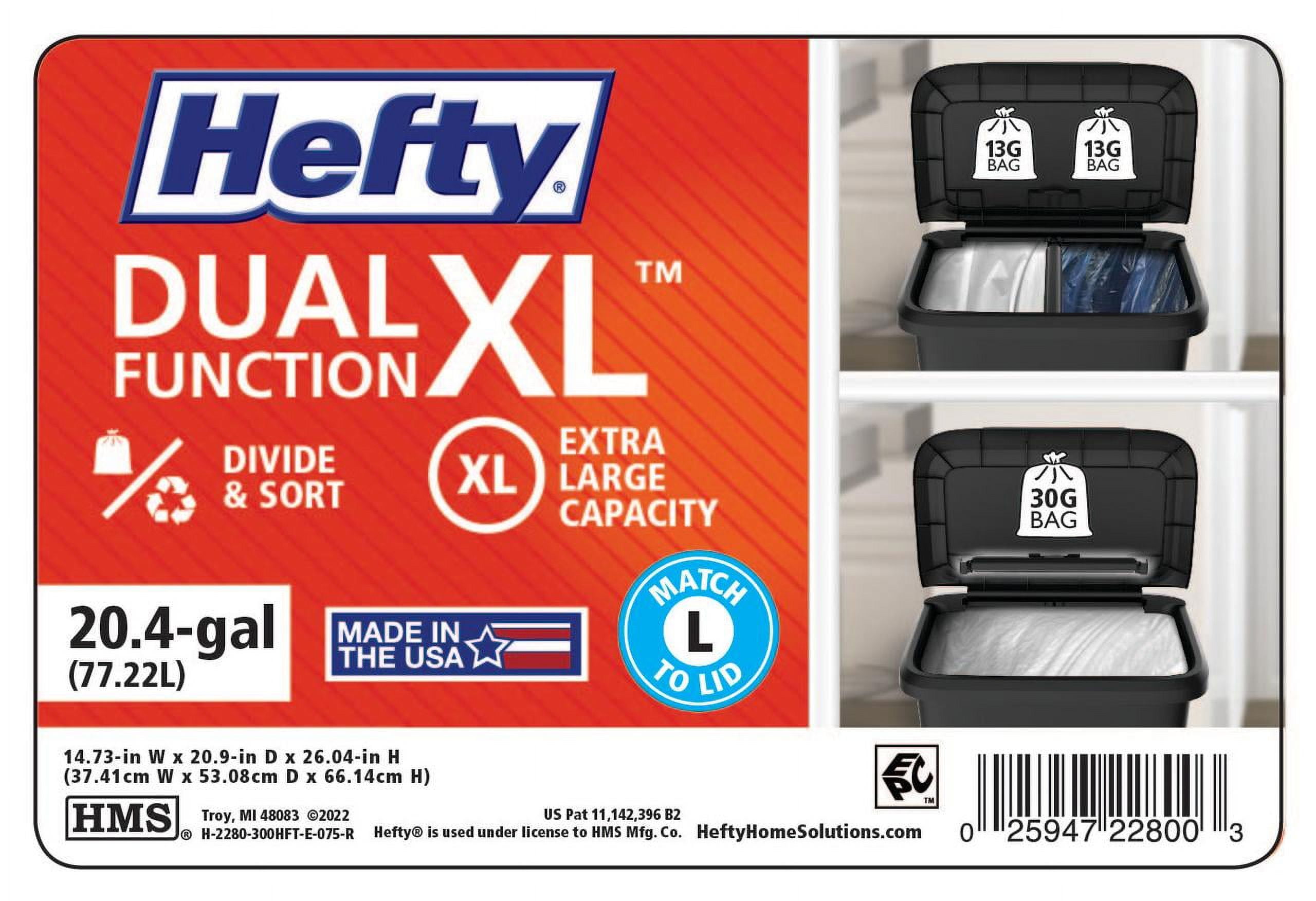 Hefty Kitchen Trash Can, 20.4 Gallon Plastic Recycling Two Compartment Garbage Bin with Lift Top Lid, Black