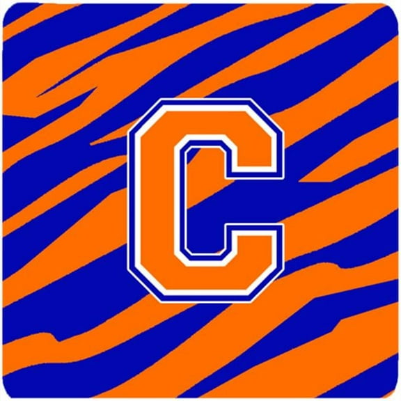 Monogram - Tiger Stripe - Blue Orange Foam Coasters Initial Letter C, Set - 4