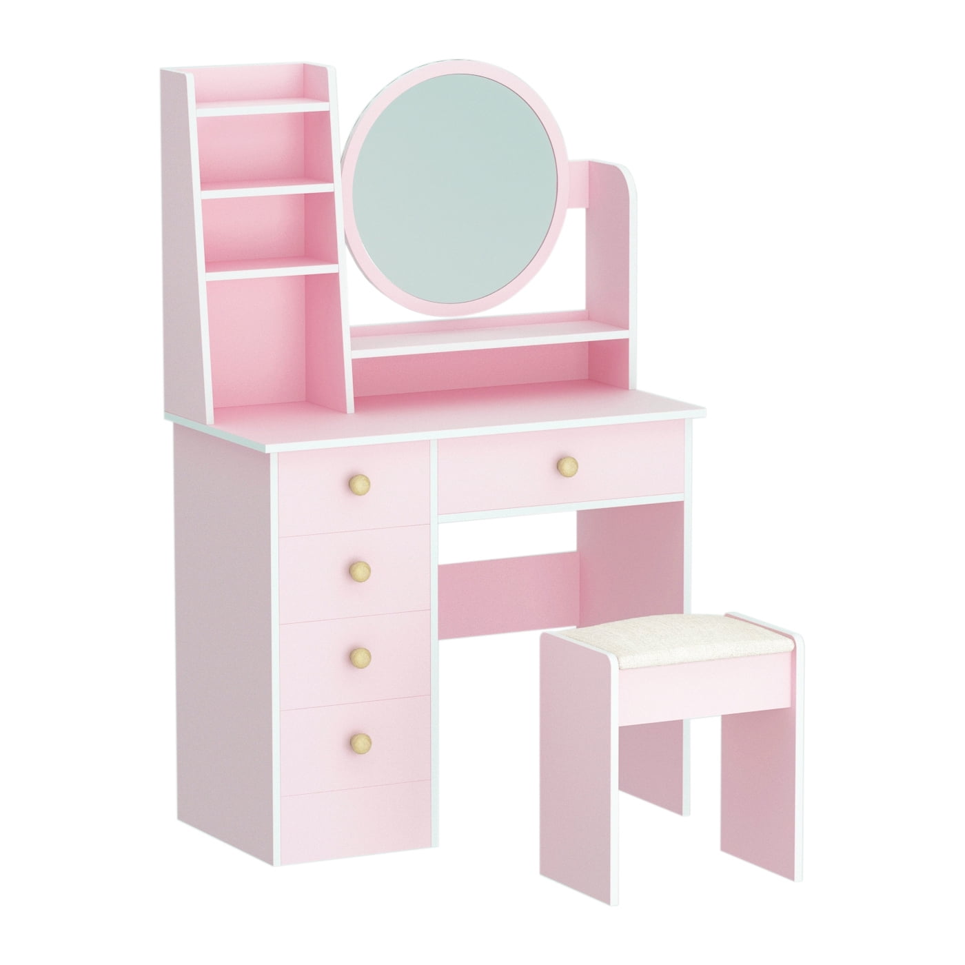 WIAWG 5-Drawers Pink Wood Makeup Vanity Set Dressing Desk W/Stool, LED  Round Mirror and Storage Shelves 52 x 31.5 x 15.7 in. WFKF210095-04 - The  Home Depot