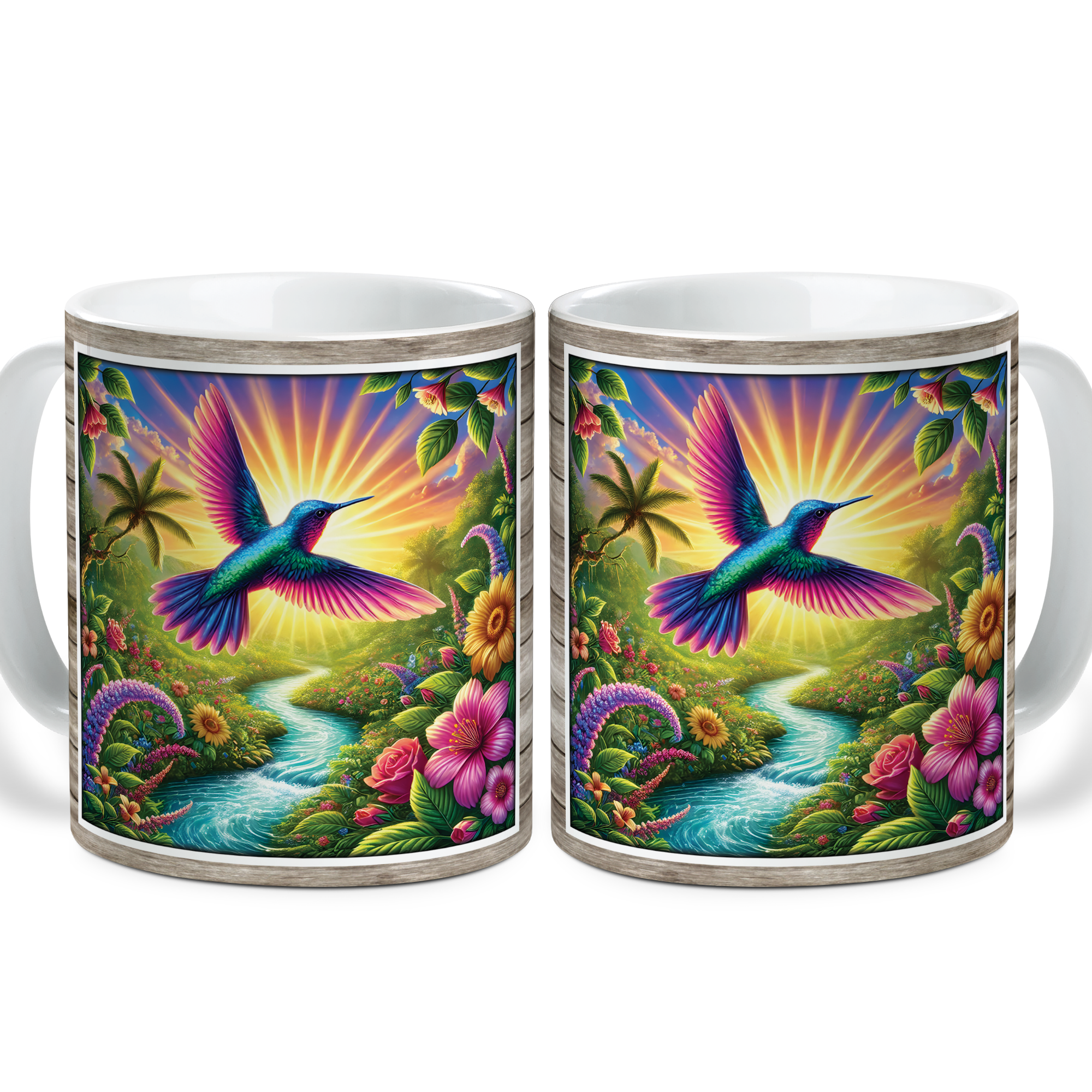 Lotusprinthandmade Colorful Hummingbird and Floral White Ceramic Mug (15oz) (Made In US), vibrant bird and floral coffee cup