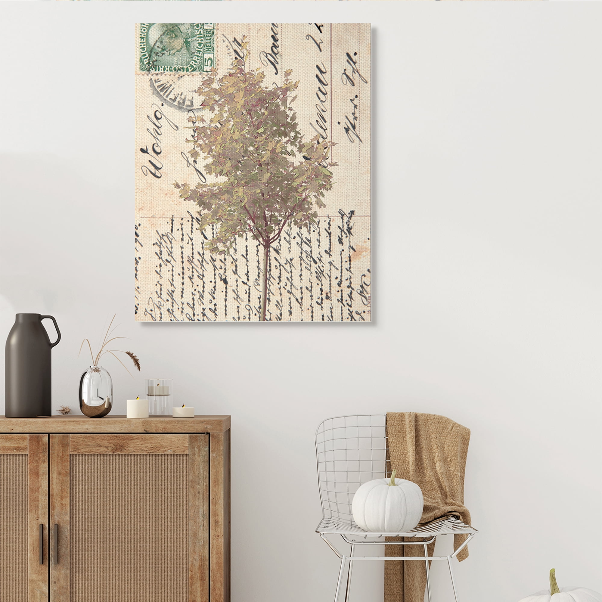 Stupell Industries Country Vintage Postal Card Autumn Tree Abstract Painting Gallery Wrapped Canvas Art Print Wall Art, 36 x 48