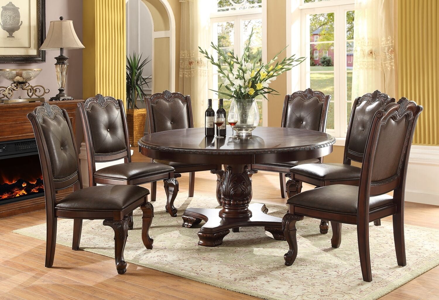 Formal 7pc Dining Set Round Table with 6 Side Chair Wood Carving ...