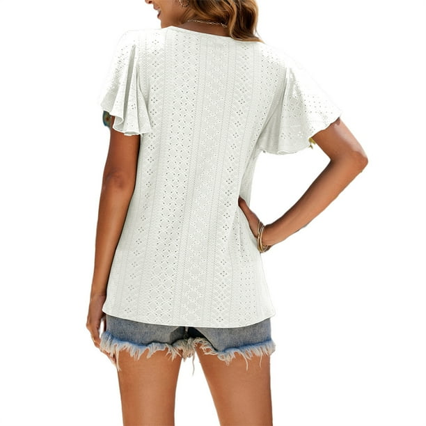 Guardurnaity Camiseta de mujer con volantes de Color sólido cuello lindo pulóver blusa trabajo nocturno viaje básico verano moda Top ropa Prendas para la parte del cuerpo Blanco S Guardurnaity AP011064-26