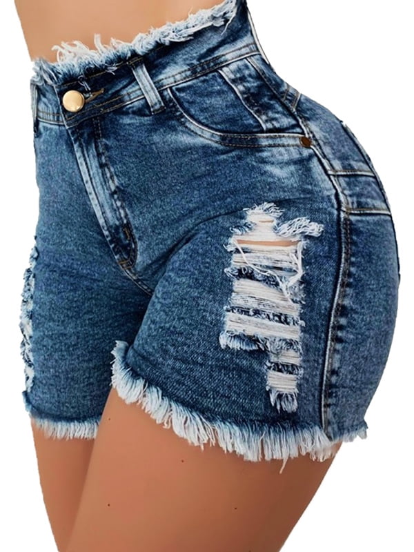 Shakumy Women Frayed Denim Jean Shorts Casual Summer Beach Comfy Stretchy Mid Rise Ripped Distressed Jeans Shorts Hot Pants