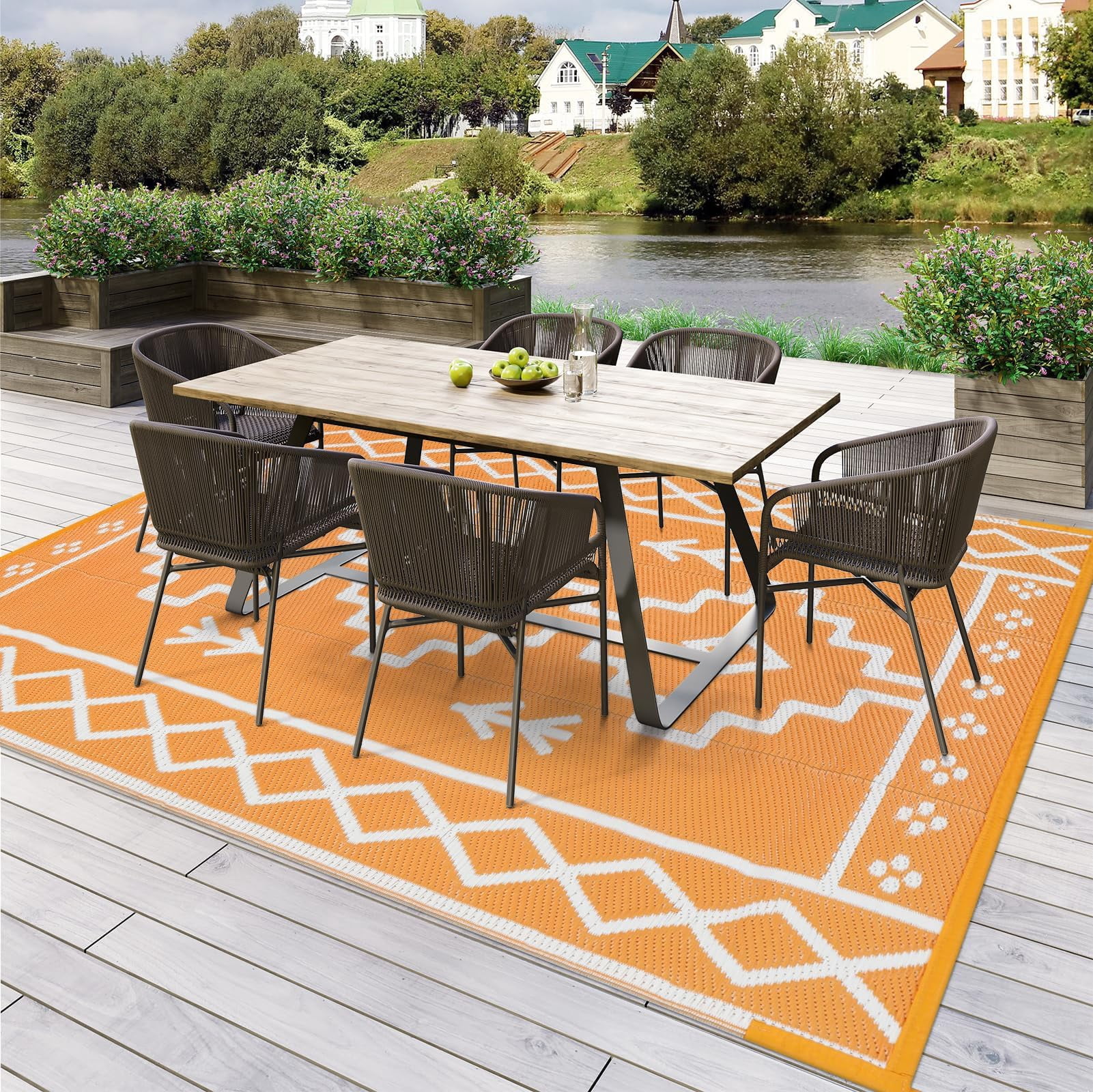 Wonnitar 6x9 Outdoor Rug Waterproof, Plastic Straw Rugs for Outside, Large Portable RV Outdoor Carpet, Orange Boho Rug for Picnic Garden Patio