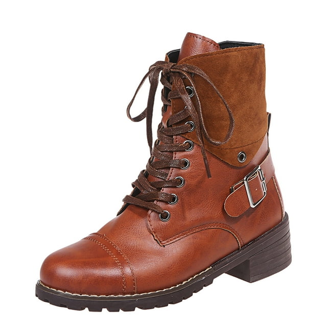 Bottes Mi-Mollet pour Femmes en Cuir Rétro avec Boucle et Lacets, Chaussures Décontractées pour l'Automne et l'Hiver