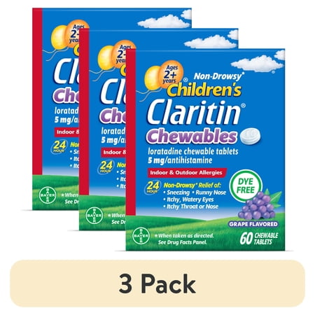 (3 pack) Claritin Allergy Medicine for Kids, Loratadine Antihistamine Grape Chewable Tablets, Dye-free, 60 Count