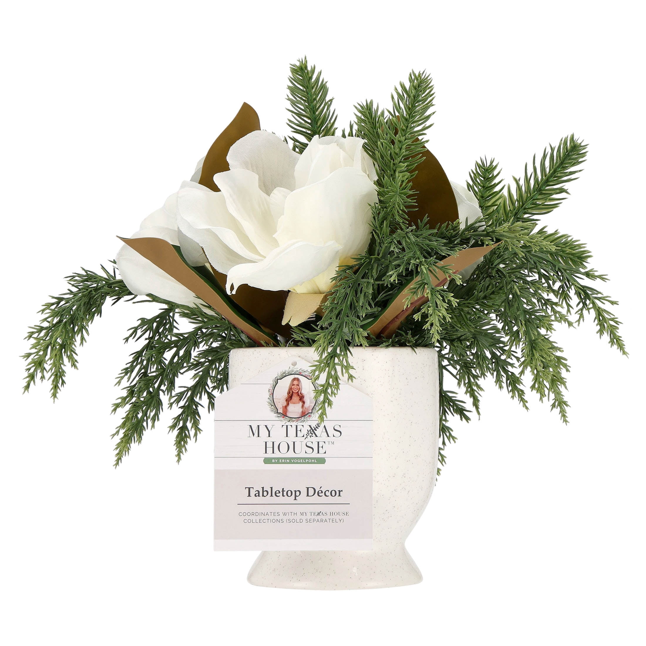 My Texas House Evergreen and Magnolia Christmas Arrangement in Pot, Green and White, 12"