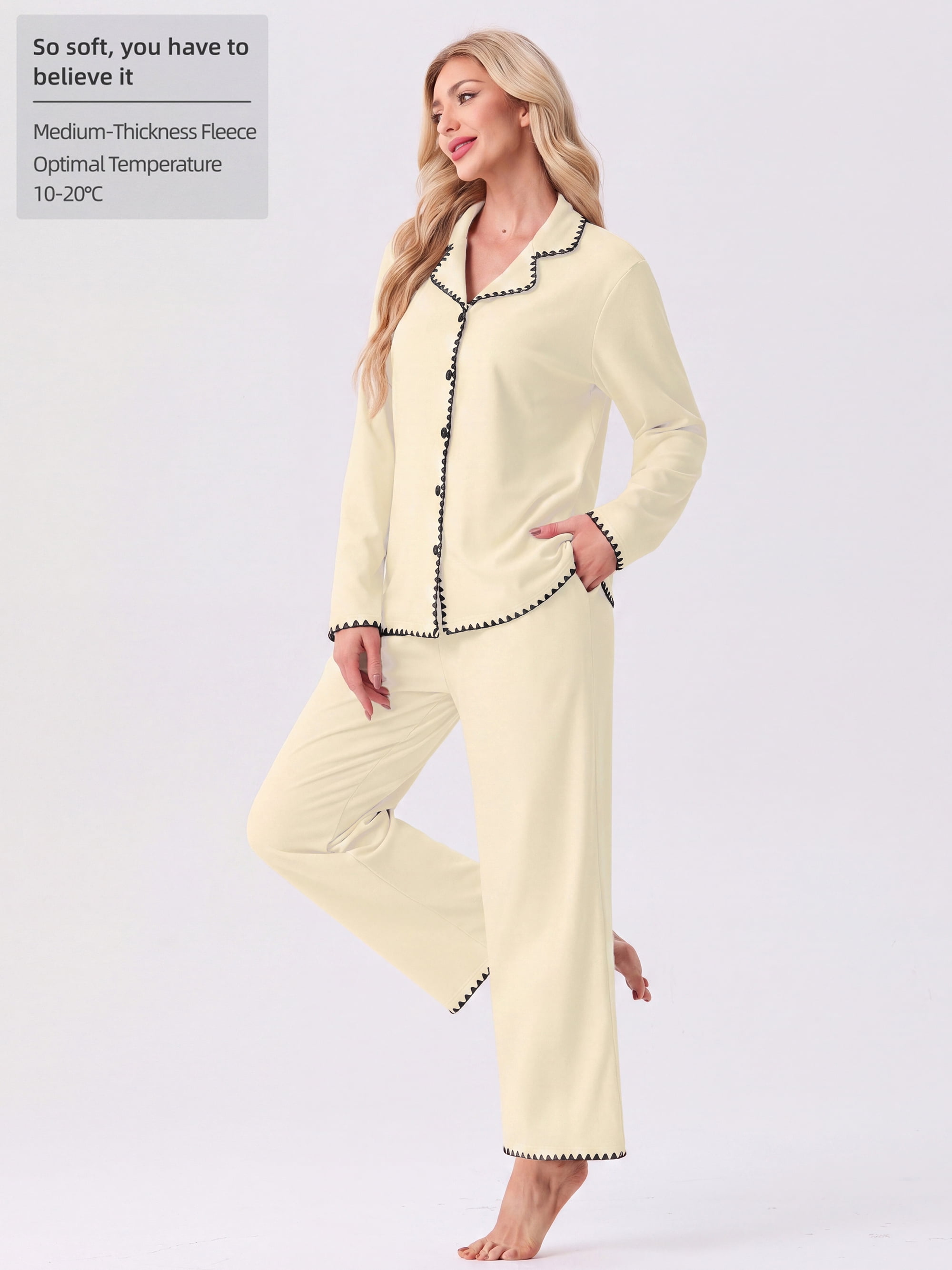 MINTREUS Pajamas for Women Set Warm Fleece Button Up Sleepwear Ultrasoft Pjs Long Sleeve Lounge Sets with Pockets