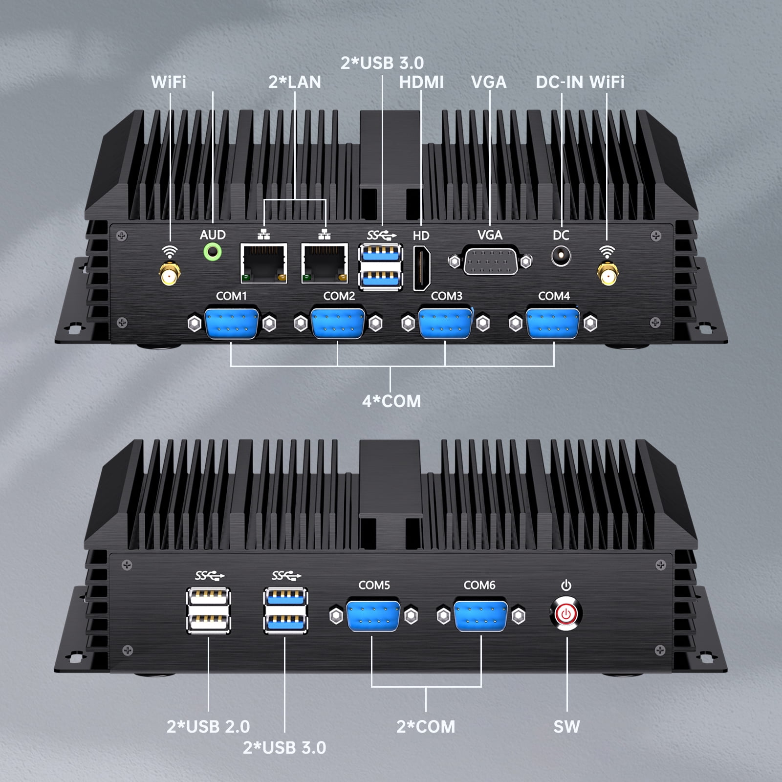 Fanless Mini Industrial PC, Desktop Computer Core i7-5500U Windows 10 Pro, 16GB RAM 256GB SSD, 2xNICs, 2*COM RS232, 4xUSB3.0, Dula-Band WiFi, HDMI/VGA Ports, Gigabit LAN, Auto Power On