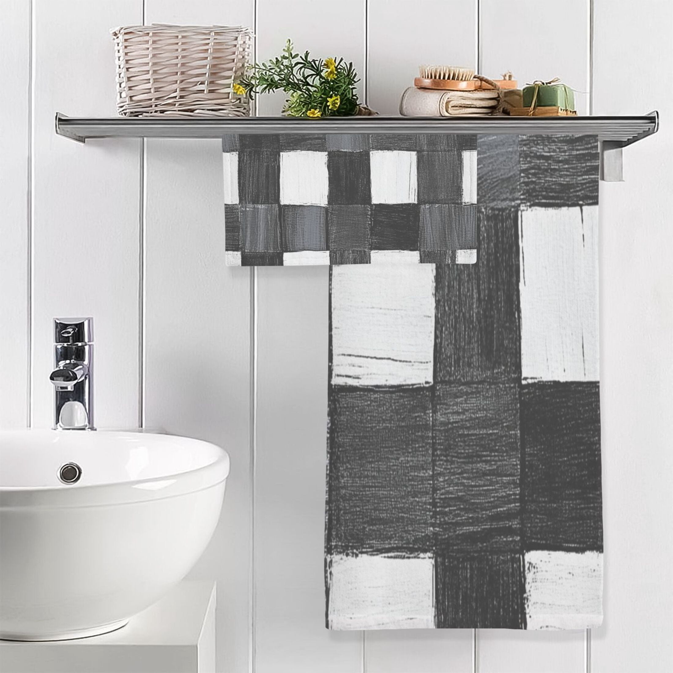 Abstract Black and White Stripe 2 Piece Cotton Bath and Face Towel Set Soft and Absorbent, for Beach Pool Bathroom