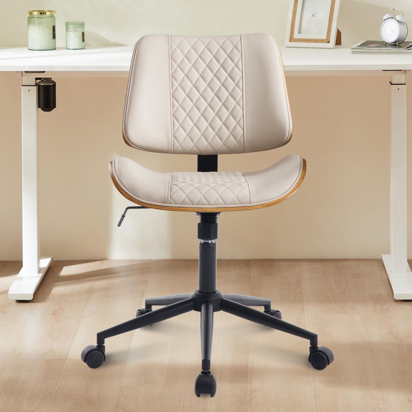 Home Office Chair with Wheels, Adjustable Height and 360° Swivel Armless Desk Chair, Modern PU Leather Mid-Back Computer Chair for Office Living Room Bedroom, Beige