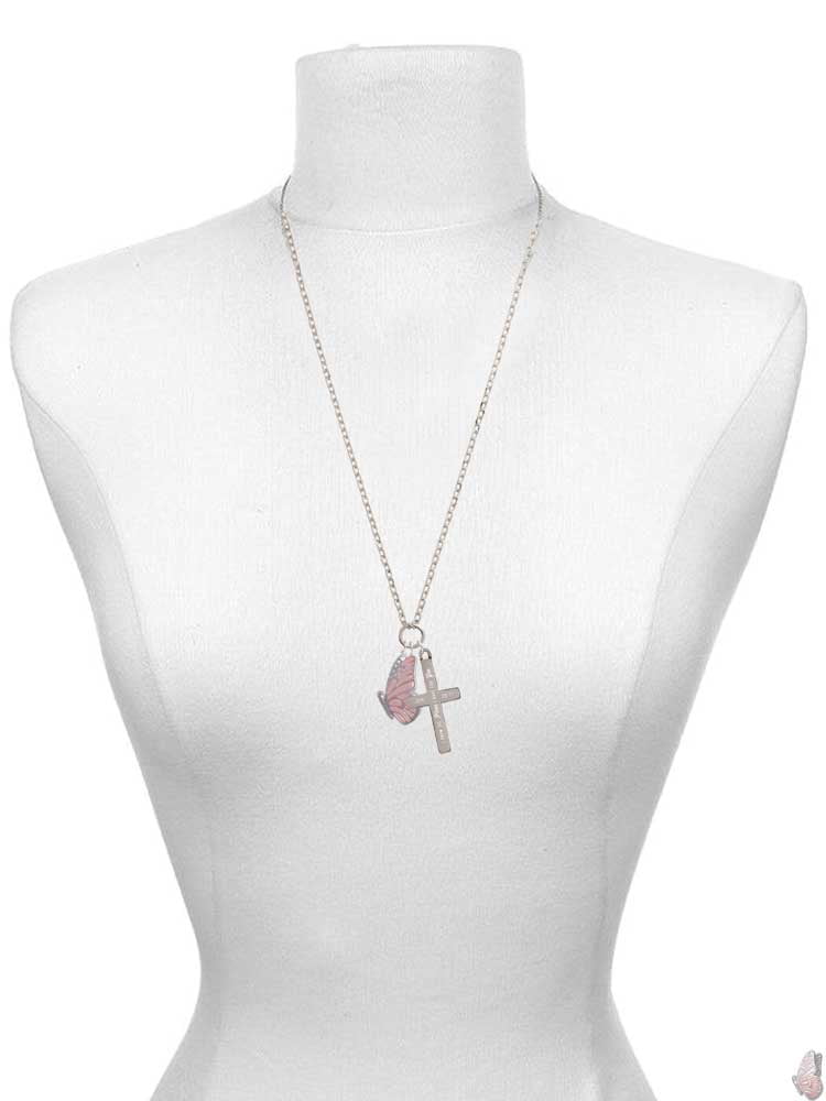 Delight Jewelry Silvertone Large Translucent Pink Flying Butterfly Be Strong and Courageous Engraved Cross Zoey Necklace, 28"