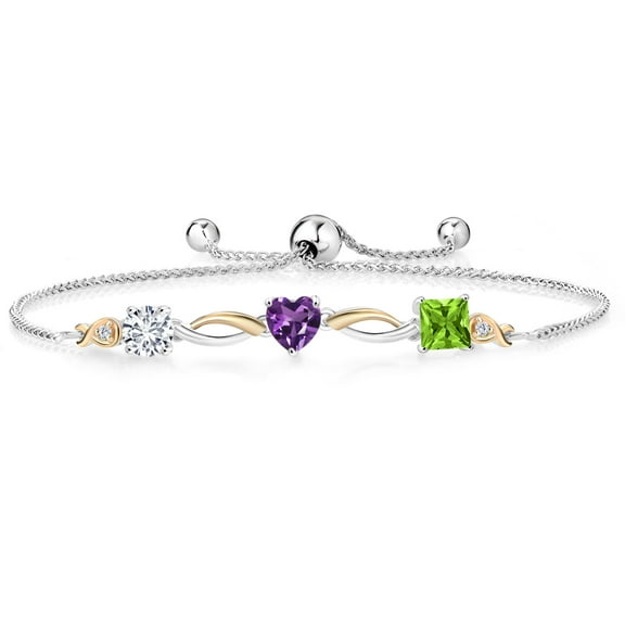 Gem Stone King 925 Silver and 10K Yellow Gold Purple Amethyst Green Peridot and Lab Grown Diamond Tennis Bracelet for Women By Keren Hanan (2.03 cttw, Adjustable up To 9 inch)