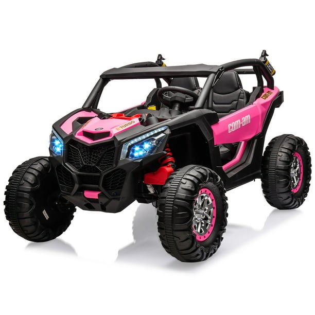 QinaQin UTV eléctrico infantil de 24V para 2 pasajeros, vehículo 4x4 con control remoto, asientos tipo piel, 4 amortiguadores, luces y música para paseos más cómodos