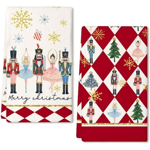 Nutcrackers Christmas Kitchen Towels Set of 2,Red Snowflake Xmas Tree Dish Hand Towels Holiday Home Indoor Bathroom Party Seasonal Noel Decorations DD036