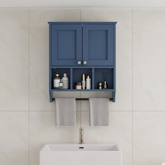 Over-The-Toilet Bathroom Storage Cabinet with Towel Bar, Space-Saving Wall Mounted Medicine Cabinet, 2 Doors & 1 Adjustable Shelf, Easy Install Blue Finish for Bathroom, Kitchen, Living Room